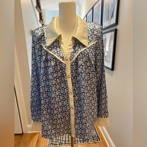 Blue and Cream Button-Up Blouse